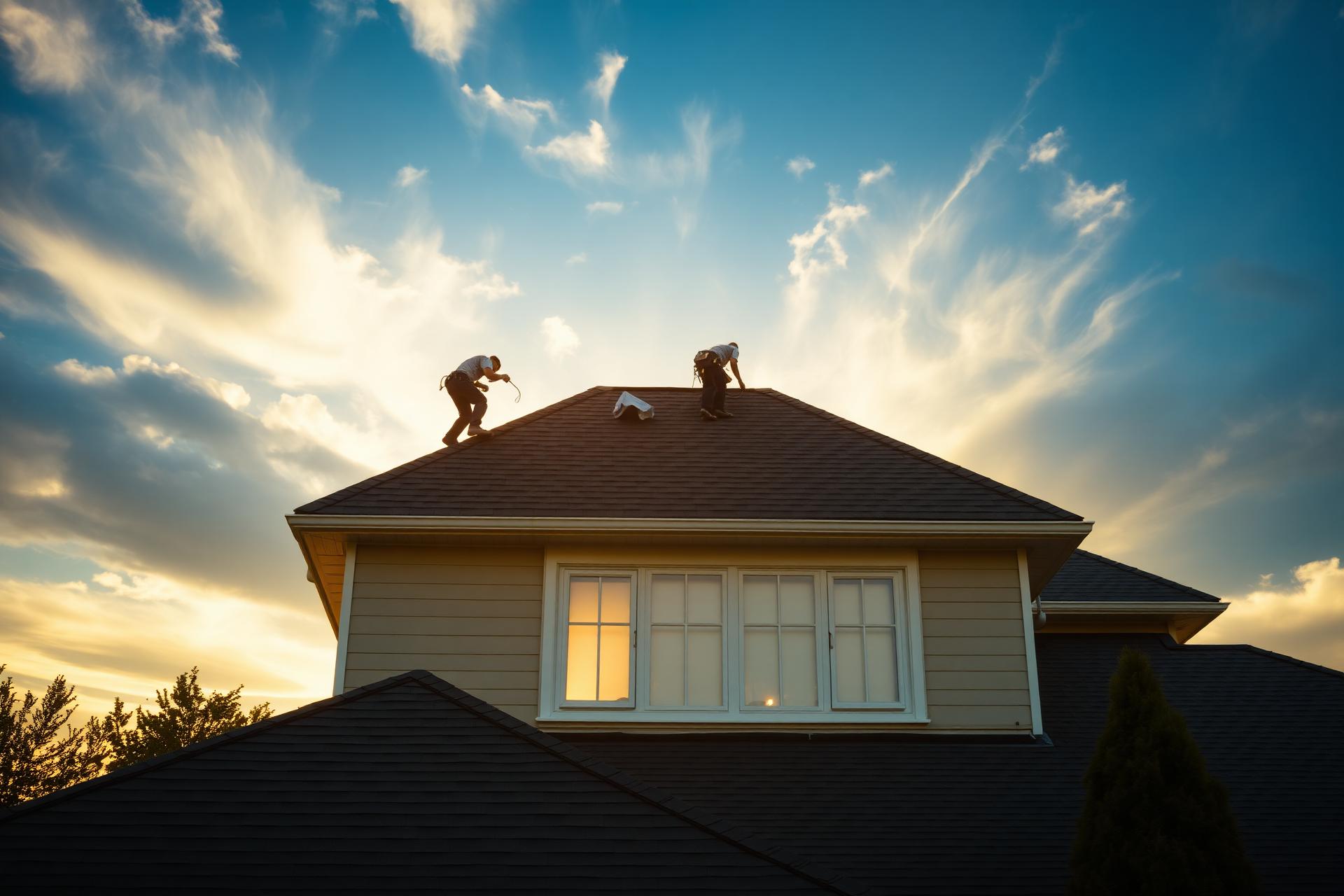 Trusted Peak Roof Repair and Replacement crew installing a residential roof at sunset in New Jersey